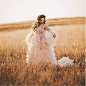 White Tulle Ruffle Robe Gown For Bridal Boudoir Maternity Photoshoot Dress XS
